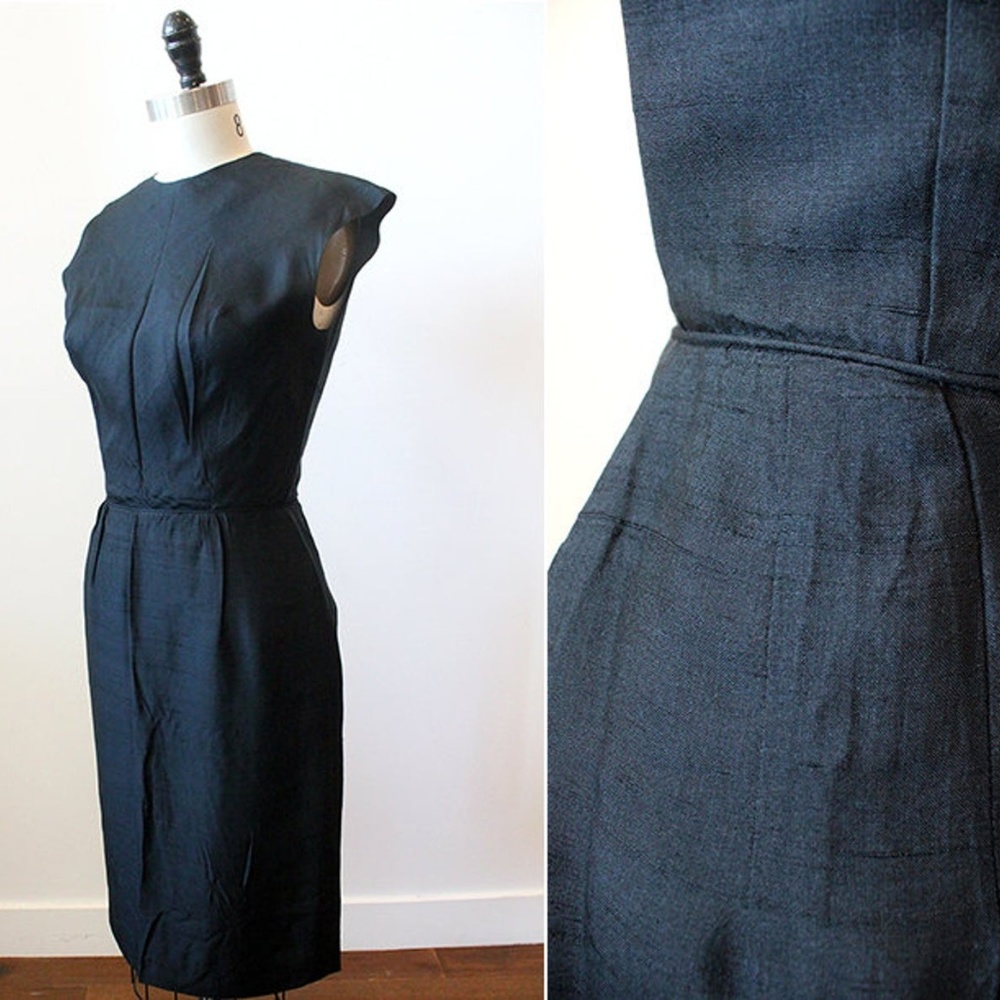 Vtg 60s Black Silk Sheath Wiggle Sleeveless Dress